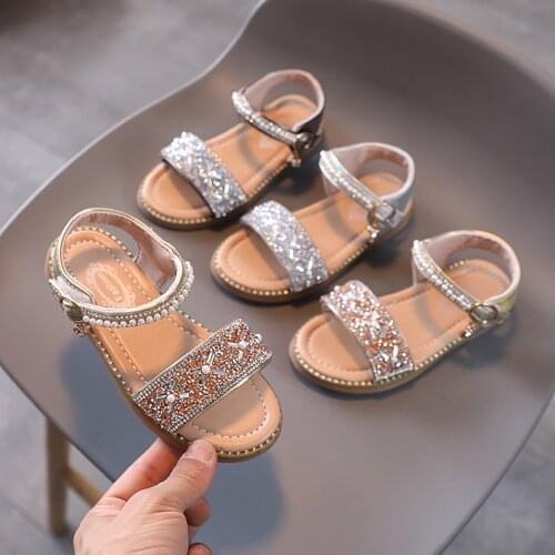 Summer Baby Girls Sandals Children Sandals Toddler Infant Kids Slip On Pearl Crystal Single Princess Roman Shoes Size 21-36