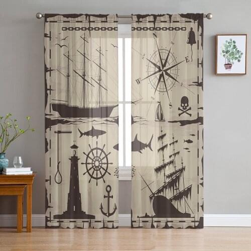Ship Lighthouse Compass Shark Sheer Curtains for Living Room Bedroom Kitchen Chiffon Tulle Curtains Home Hotel Coffee Decor
