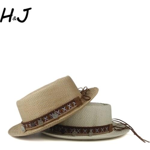 Summer Women Men Straw Sun Hat For Lady Pork Pie Hat Sunbonnet Hat Flat Boater Beach Panama Sunhat Beach Hat Size 57-60CM