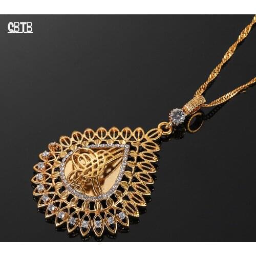 Turkey Arab Muslim Islamic Women Golden Charm Water Drop Shaped Hollow Rhinestone Pendant Necklace Jewelry Wholesale