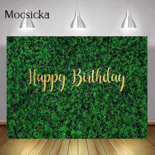 Green Grass Wall Birthday Party Backdrop Decorations Golden Happy Birthday Cake Smash Background Photo Shoot Wedding Photocall