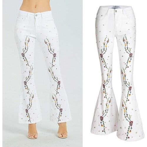 2021 White Embroidery Embroidered Flares Jeans Women Elasticity Bell-Bottoms Stretching Women Jeans For Girls Large Size