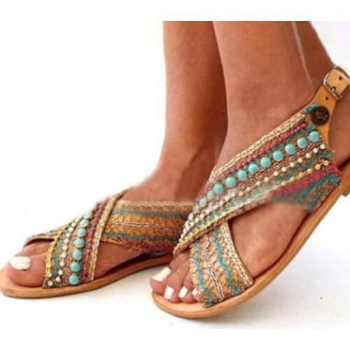 Woman 2021 Summer Ladies Shoes Women Sandals Basic Flat Open-toed Ethnic Casual Buckle Strap String Bead Zapatos De Mujer