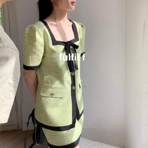Frence High Quality Plaid Tweed Elegant Two Piece Set Women Puff Sleeve Jacket Coat Skirt Suits Office Lady 2021 Summer Fashion