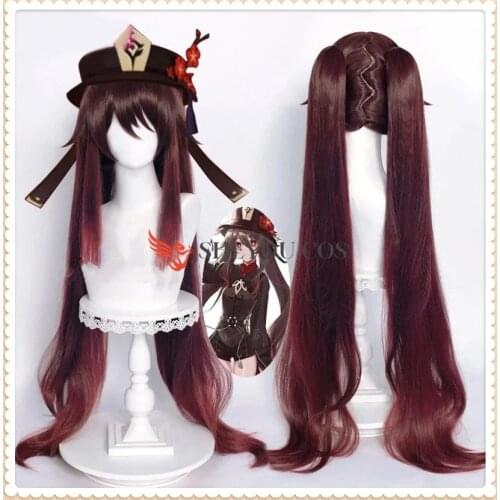 Genshin Impact HuTao Cosplay Women 110cm Long Wig Brown Hair Cosplay Wigs Heat Resistant Synthetic Wigs +Wig Cap