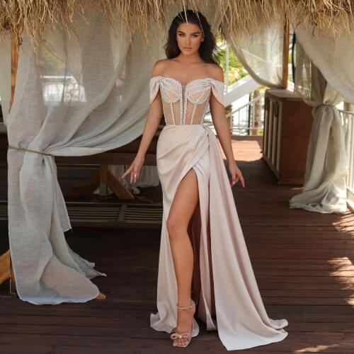 High Quality Elegant Evening Dresses Long Off The Shoulder Crystals High Waist High Split Satin Women Formal Party Prom Gowns