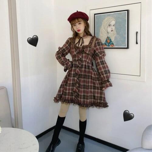 Vintage Style Sweet Womens Lolita OP Dress Plaid Mini Dress Spring Fall Long Sleeve Bow Big Hem Cute Girl One Piece