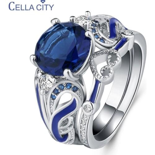Cellacity Charms Sapphire Lovers Ring for Women Silver 925 Jewelry Luxury Gemstones Two piece ring set Hollow Heart Anniversary
