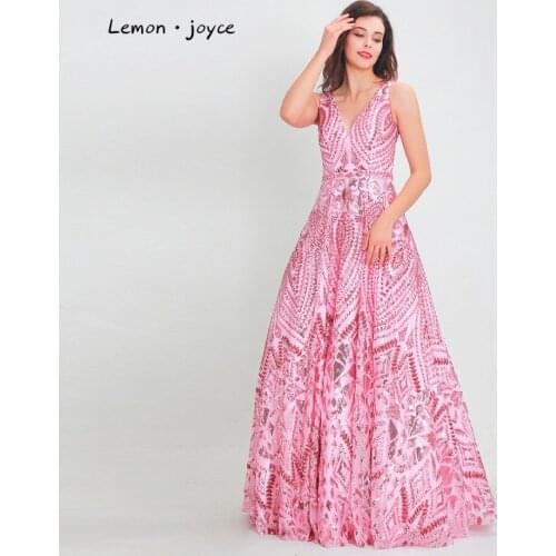 Lemon joyce Formal Evening Dresses Long 2020 Sexy V-neck Sequined Backless A-line Floor Length Prom Party Gowns Plus
