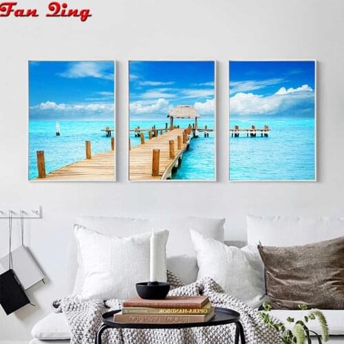 3 pcs,DIY Diamond Embroidery Wooden Bridge 5d Diamond Painting Cross Stitch Seascape Full Square/Round Drill Home Decor