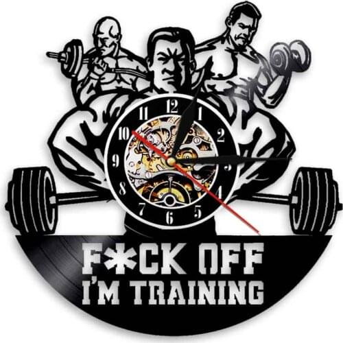F*#K OFF I'M TRAINING Motivational GYM Quote Vinyl Record Wall Clock Weightlifting Muscle Man Fitness Room Sign Silent Art Clock