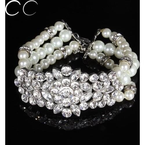 Exquisite multi layers pearl bracelets & bangles for women CZ wedding party bridals fashion jewelry wholesale E027