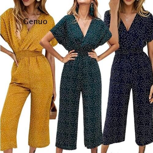 Women Jumpsuits Rompers Summer Casual Print V-Neck Pocket Overalls Jumpsuit Short Sleeve Wide Leg Loose Jumpsuit