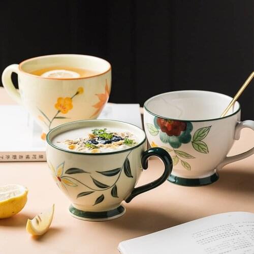 500ml Nordic Style Creative Ceramic Mug Household Afternoon Camellia Cup Hand Painted Large Capacity Breakfast Cup Coffee Cup