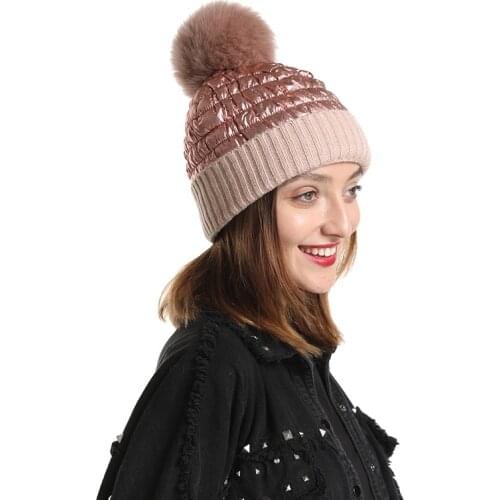 Fox Fur Pompom Beanie Mother Baby Winter Hats For Women Warm Knitted Beanies Cap Real Fur Pompon Hat Bonnet