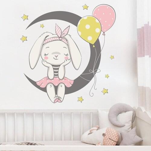 Cute Bunny Moon Balloon Pattern Stickers for Kids Room Cat Baby Nursery Wall Decals Pink Flower for Girl Room Home Decoration