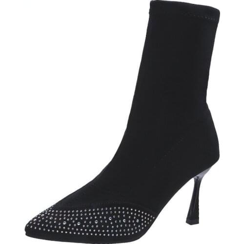 Fashionable temperament pointed rhinestone thin short boots womens 2020 autumn and winter new stiletto single fashion boots