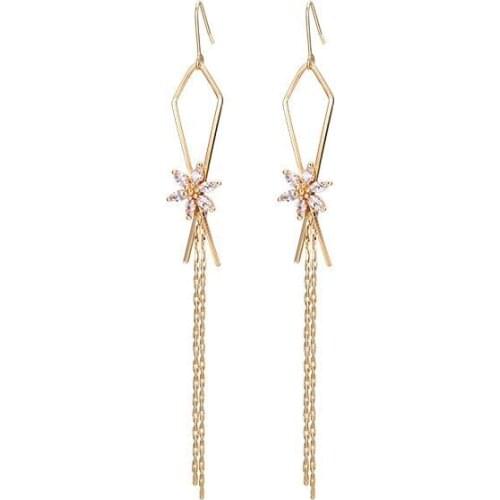 MxGxFam 750 Gold Color Long Line Flowers Zircon Drop Earring For Women Elegant Dress Jewelry 18 k Good Quality