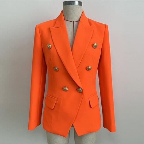 2021 Stars New Fluorescent Orange Womens Suit Fashion Double Brestra Lion Head Buckle Slim Suit Jacket O37