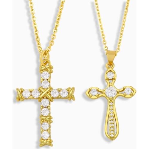 FLOLA Catholic Cross Necklace For Women Gold Plated CZ Pave Crystal Pendant Necklace Cubic Zirconia Christian Jewelry nkeu04