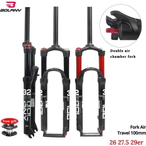 BOLANY MTB Bike Magnesium Alloy Suspension Air Fork Dual Air Red/black Bicycle Straight Tube 26/27.5/29 inch Quick Release Fork