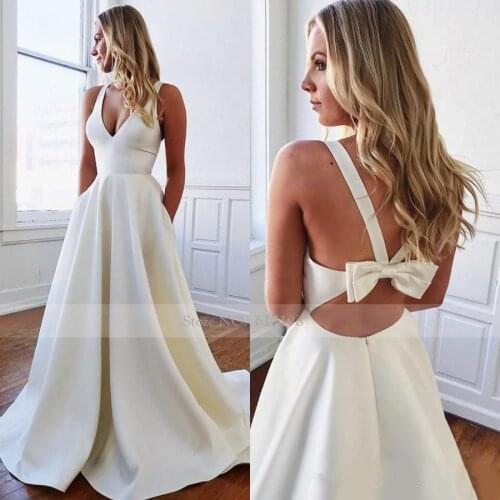 Simple V-neck Satin Backless A-line Prom Dresses 2020 Evening Dresses Long Cocktail Party Gowns vestidos de gala