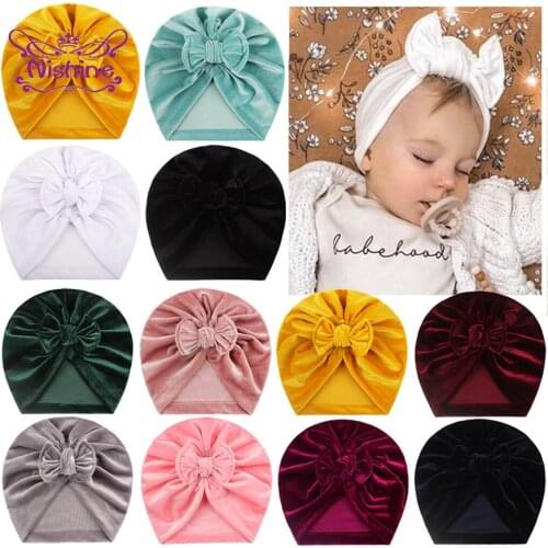 Nishine Gold Velvet Hats Newborn Baby Girls Bowknot Cap Autumn and Winter Warm Hat Toddler Headwear Accessories Birthday Gifts