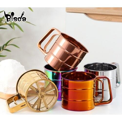 Stainless Steel Flour Sieve Cup Gold Mesh Flour Sifter Baking Tool Round Powder Sieve With Scale Cakes Pastry Utensils