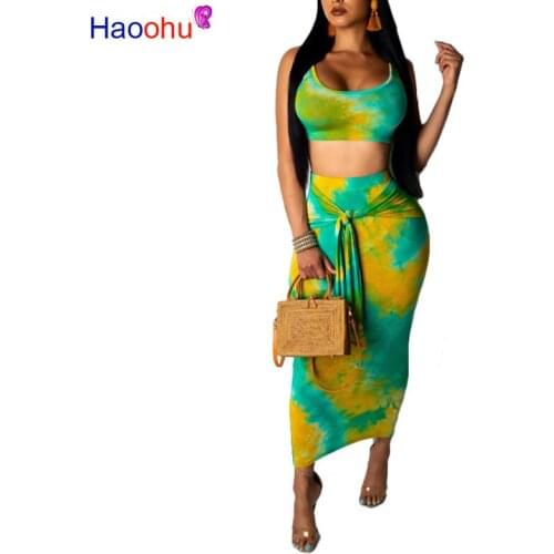 HAOOHU Tie Dye Sexy Two Piece Set Crop Top and Midi Skirt Set 2 Piece Club Outfits 2019 Summer Clothes for Women Matching Sets