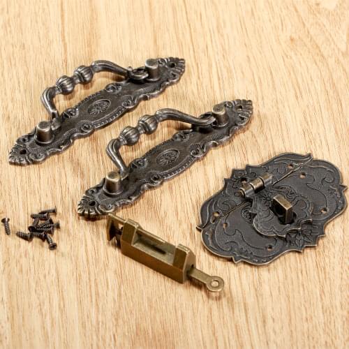 Antique Bronze Iron Chinese Old Lock & Pulls Handle Knobs & Latch Hasp Lock Clasp Buckle for Jewelry Wooden Box Cabinet Cupboard
