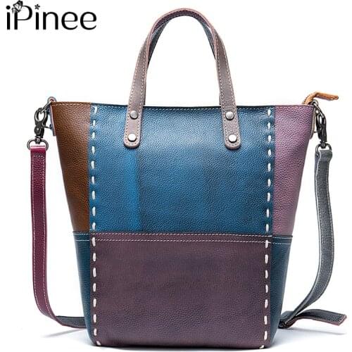 IPinee Women Bag Genuine Leather Ladies Bucket Shoulder Designer Band Large Crossbody For Female Retro Luxury Top-handle