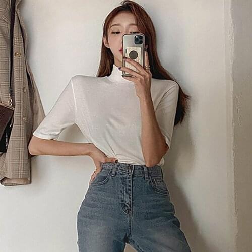 2021 Summer Cotton T Shirt Women Tops Turtleneck Office Lady Short Tee Shirt Femme Thin T-Shirts Female Summer Top for Woman