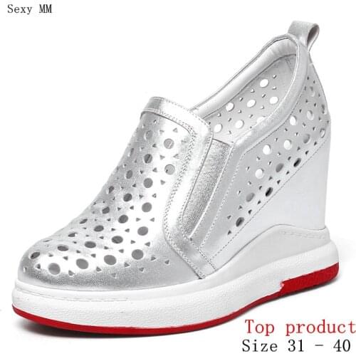 Loafers Platform Women Casual Shoes Wedges High Heels Wedge High Heel Shoes Genuine Leather Small Plus Size 31 32 33 - 40