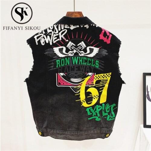 Black Denim Vest Women Sleeveless Jacket Graffiti Print Fashion Jeans Vest Coat Female Streetwear Loose Denim Jacket Vests 2020