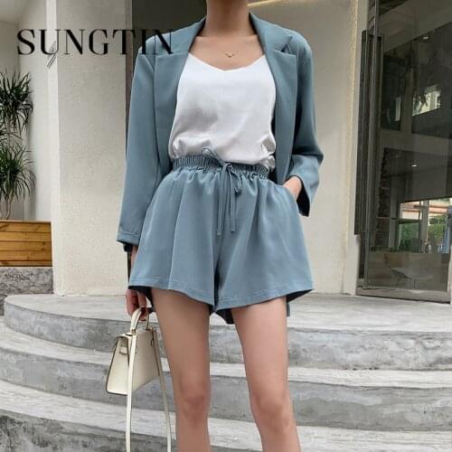 Sungtin Casual Blazer Sets Korean Loose 2 Piece Set for Women Office Lady Blazer Suits OL Single Breasted Elastic Waist Shorts