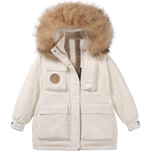 Winter 2021 new fashion down jacket women mid-length hooded fur collar white duck down loose big pocket jacket
