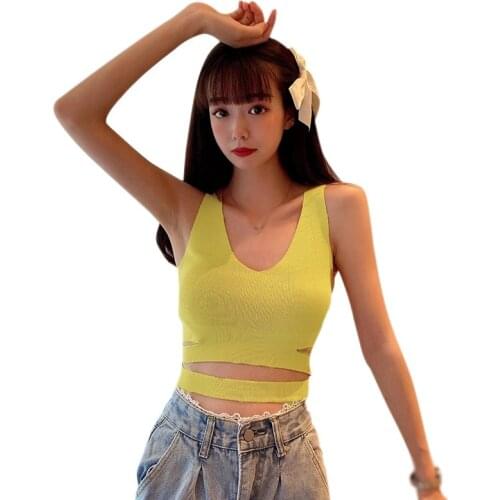 DAXIN Ladies Summer Self-cultivation Outer Wear Vest Simple V-neck Umbilical Camisole Tank Top Female Crop Top Ladies Camis