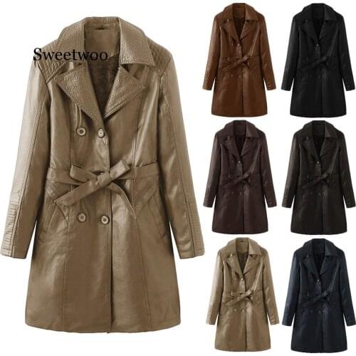 Women Brown Soft Leather Jacket Dress Medium Length Slim Faux PU Leather Coats Elegant Tie Belt Waist Pockets Outfits