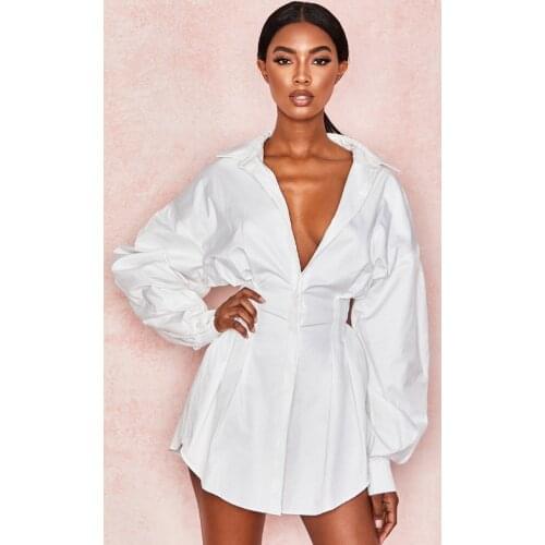 Vintage Elagant Women Mini Shirt Dress Deep V Neck Casual Lantern Sleeve Short Dress Turndown Collar Linen Female Fresses