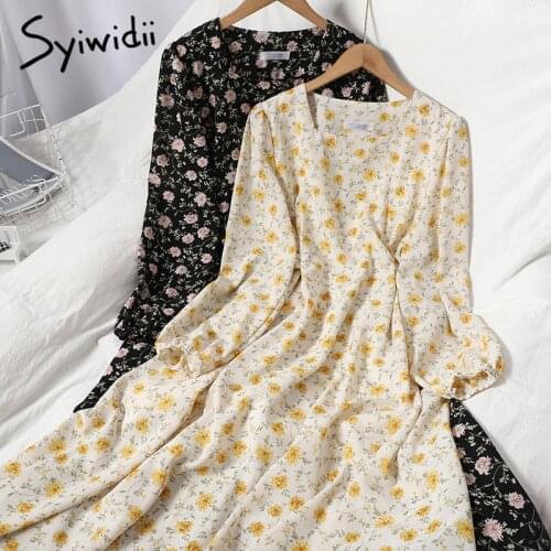 Syiwidii Boho Floral Print Dress for Women Puff Sleeve Square Collar with Belt A-line Clothes 2021 Summer Midi Dress Black White