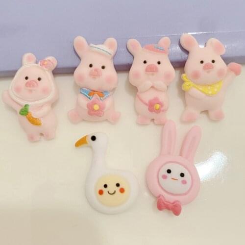20Pcs Kawaii Cartoon Rabbit Pig Resin Flatback Cabochon Cute Animals Fit Phone Decoration DIY Scrapbooking Hair Accessories