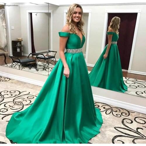 2019 Off The Shoulder Prom Dress Green Satin Backless Long Formal Holidays Wear Graduation Evening Party Gown Plus Size
