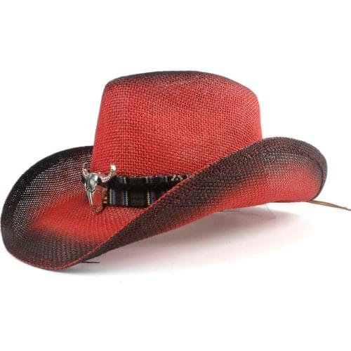 2019 Women Men Straw Hollow Western Cowboy Hat Lady Red Bohemia Tassel Sombrero Hombre Beach Cowgirl Jazz Sun Hat Size 58CM