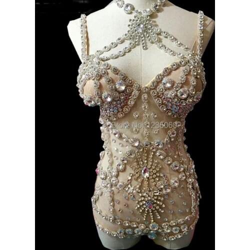 Lady singer Sparkling Crystals Bodysuit sexy Perspective DS costumes Fashion See-through slim performance dress Bar Club DJ show