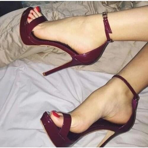 Burgundy Shiny Leather Platform Sandals Peep Toe Ankle Strap Cut-Out Ladies Thin High Heel Sandals Women Summer Sandals Shoes