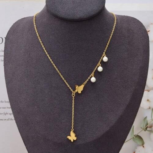 316L Stainless Steel Two Matte Butterfly Tassel Pearl Pendant Charms Chain Choker Necklace For Women Fashion Fine Jewelry SAN710