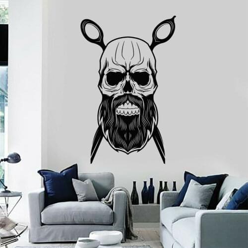 Skull Beard Scissors Barbershop Shaving Wall Stickers Hair Salon Hairstylist Vinyl Interior Decor Barber Shop Decals Mural S168