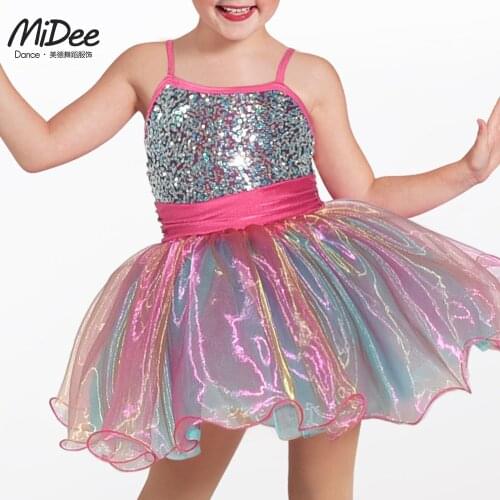 MiDee Modern Ballet Dance Costume Kids Child Rainbow Camisole Falbala Bodysuit Skirt Flower Child Stage Dance Performance