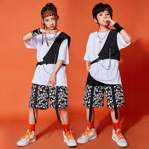 2021 Kids Hip Hop Dance Costume Boys Loose Practice Clothes Short Sleeves Tops Outfits Girls Jazz Hiphop Show Street Wear BL6586