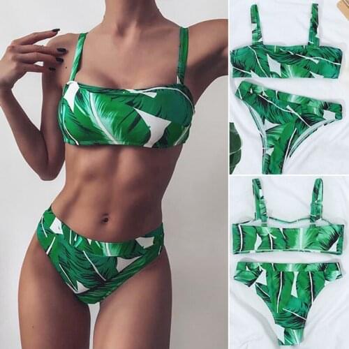 Hot kf-2-Pieces Bikini Set Rainforest Print Beachwear Female Swimsuit High Waist Bikini Women Swimwear